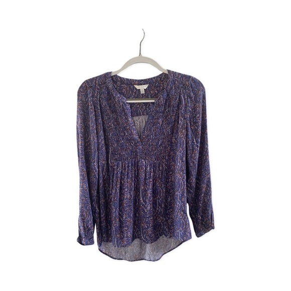 Lucky Brand Blue Long Sleeve Smocked Yoke Peasant Top Blouse Size Small Petite - Picture 1 of 6